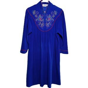 Vintage Vanity Fair Velour Housecoat Robe 70s 1/2 Zip Nightgown Pockets Blue M